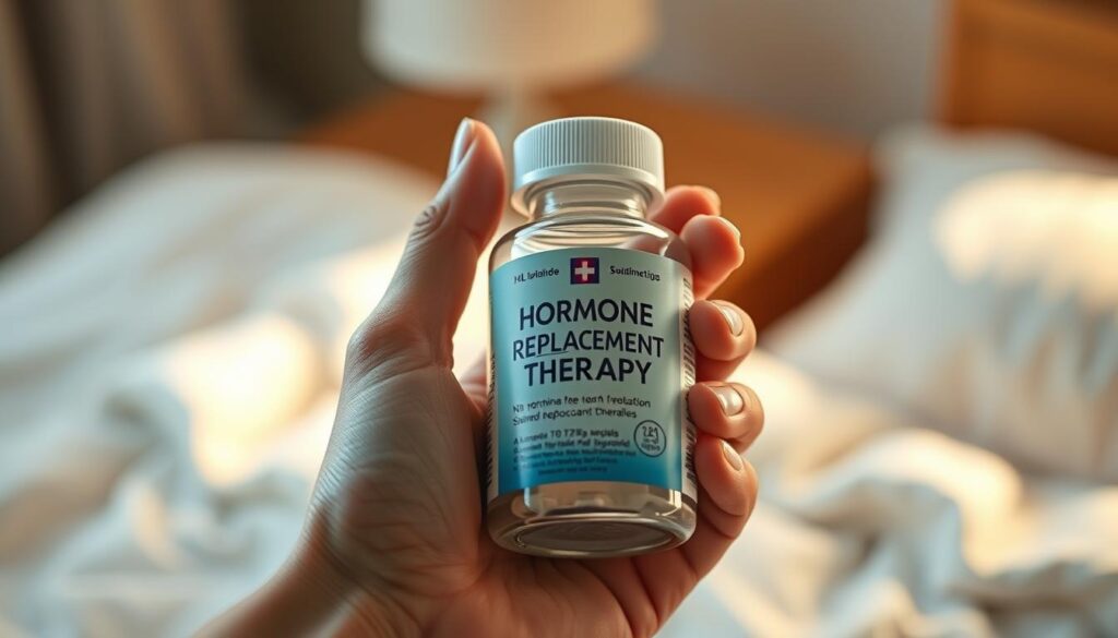 A close-up, hyper-realistic image of a woman's hand holding a bottle of hormone replacement therapy medication against a soft, blurred background of a bedside table. The lighting is warm and natural, creating a soothing, calming atmosphere. The medication bottle is prominently displayed, its label clearly visible, conveying the central focus of the image. The woman's hand gently holds the bottle, suggesting a sense of care and relief. The overall composition emphasizes the importance of hormone replacement therapy as a solution for menopausal symptoms.