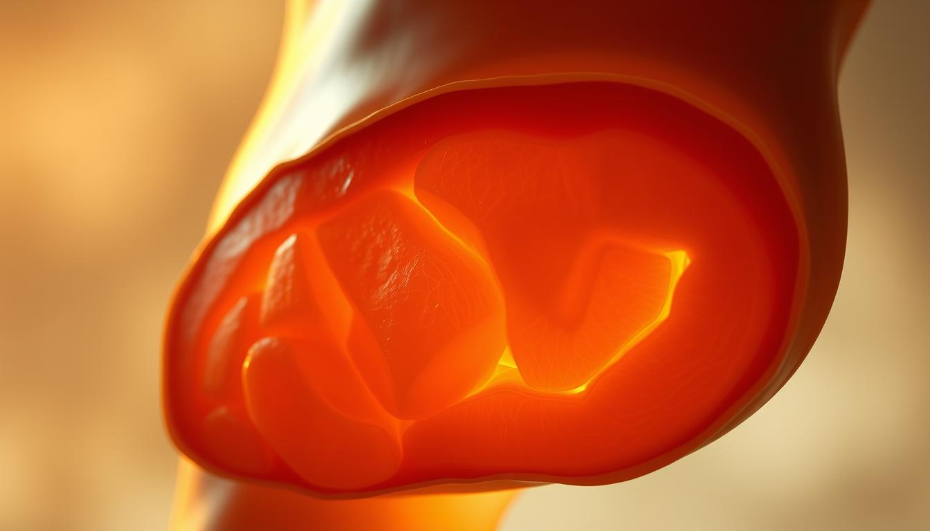 A detailed cross-section of visceral fat, the deep abdominal fat that accumulates around internal organs. Illuminated by warm, soft lighting, the layers of fat are clearly visible, with a translucent quality that reveals the underlying structures. The texture is dense, almost gelatinous, with a slight sheen. In the middle ground, the fat appears in distinct lobes, while the foreground shows the intricate webbing of connective tissue. The background is hazy, creating a sense of depth and focus on the central subject. The overall mood is clinical yet captivating, inviting the viewer to examine the hidden complexities of this type of body fat.