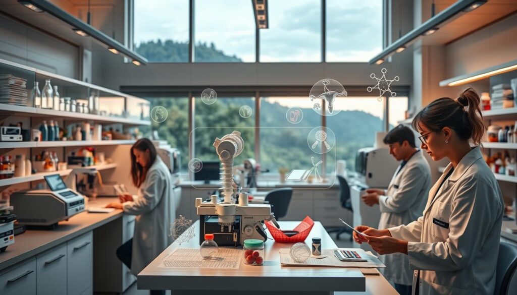 A modern, well-equipped research laboratory focused on menopause treatment. The foreground features scientists in white coats examining data and samples on workbenches, surrounded by state-of-the-art medical equipment and diagnostic tools. The middle ground showcases 3D models, molecular diagrams, and digital displays illustrating the latest advancements in hormone therapy, herbal remedies, and other innovative menopause relief solutions. The background depicts floor-to-ceiling windows overlooking a serene, natural landscape, conveying a sense of scientific progress in harmony with the environment. Warm, focused lighting, a clean, minimalist aesthetic, and an atmosphere of dedicated, collaborative research.