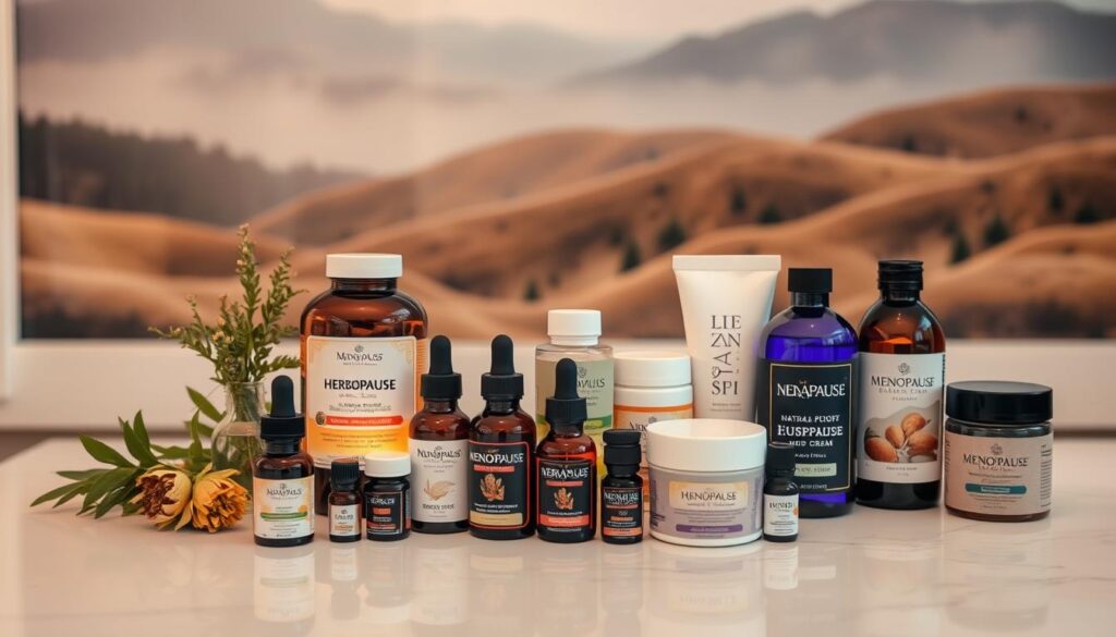 A neatly arranged display of various natural menopause relief products, including herbal supplements, essential oils, and topical creams, placed on a sleek, minimalist countertop. The items are illuminated by warm, soft lighting, creating a soothing, spa-like atmosphere. In the background, a blurred, serene landscape with muted, earthy tones provides a calming backdrop. The arrangement showcases the diversity of natural options, inviting the viewer to compare and contrast their potential benefits for managing menopausal symptoms.