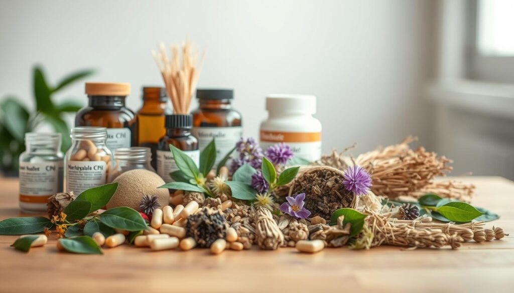 A still life arrangement of various herbal supplements and ingredients commonly used for managing menopausal symptoms. Placed on a wooden table with soft, natural lighting from the side, creating a warm, inviting atmosphere. The foreground features a selection of bottles, capsules, and dried herb bundles, artfully arranged. The middle ground showcases a few leaves, flowers, and other botanical elements related to the ingredients. The background is slightly blurred, maintaining focus on the central arrangement. The overall composition conveys a sense of balance, quality, and the natural, holistic approach to supporting women's health during this transitional life stage.