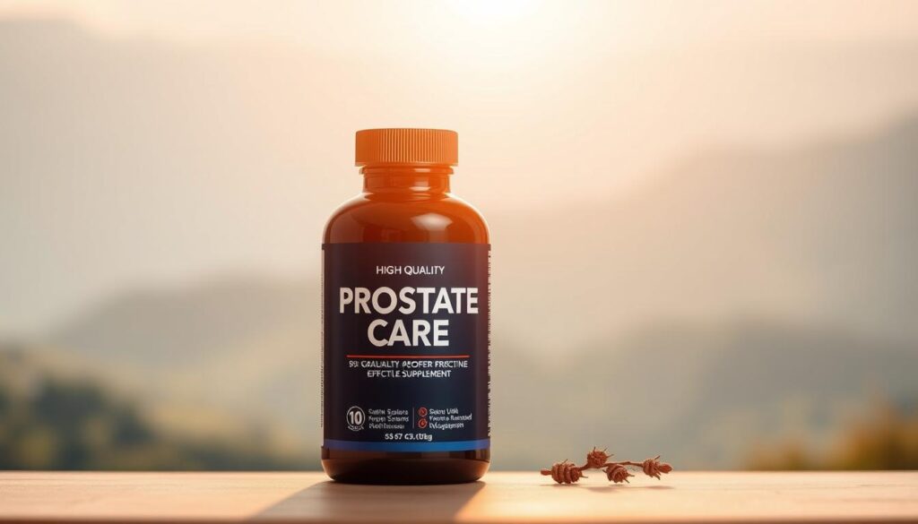 A clean, minimalist product display showcasing a bottle of a high-quality prostate care supplement against a soft, natural backdrop. The bottle is centered, bathed in warm, directional lighting that accentuates its sleek, modern design. The background is a serene, out-of-focus landscape, conveying a sense of wellness and vitality. The overall composition is simple yet impactful, drawing the viewer's attention to the supplement's safety profile and efficacy.