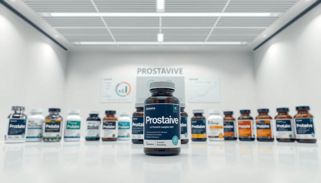 A clean, modern laboratory setting with clinical lighting and a sleek, minimalist aesthetic. In the foreground, a carefully arranged display of various prostate supplement bottles, including the Prostavive brand, positioned prominently in the center. The bottles are presented against a stark white background, allowing their shapes and labels to stand out clearly. In the middle ground, subtle infographic-style elements, such as comparative charts or diagrams, provide informative context about the unique features and benefits of the Prostavive supplement. The background features muted tones and clean lines, creating a sense of professionalism and authority, reinforcing the scientific and medical nature of the subject matter.