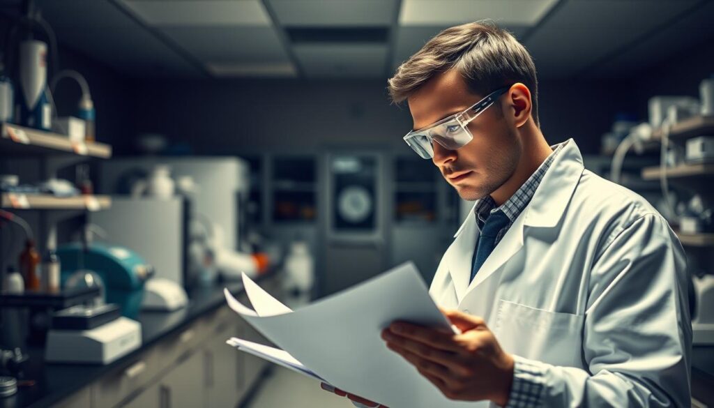 A clinical research laboratory setting, with various scientific equipment and instruments on the workbenches. In the foreground, a researcher in a white lab coat and safety goggles is carefully examining a stack of documents, a contemplative expression on their face. The background is dimly lit, with a sense of focused intensity and concentration. Soft, directional lighting illuminates the scene, casting subtle shadows and highlighting the details of the laboratory environment. The overall mood is one of thoughtful analysis and meticulous investigation into the potential side effects of the product, &amp;quot;Mitolyn&amp;quot;.