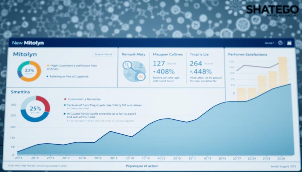 A detailed performance analysis dashboard showcasing Mitolyn's key metrics. In the foreground, a sleek graph visualizes the product's efficacy over time, with crisp data points and a clean, minimalist design. The middle ground features a series of infographics highlighting Mitolyn's key strengths, such as its high customer satisfaction rate and remarkable speed of action. In the background, a subtle pattern of molecular structures and biochemical diagrams creates an air of scientific rigor and technical expertise. The overall mood is one of professionalism, clarity, and data-driven insights, perfectly suited to illustrate the in-depth performance analysis of this innovative product.