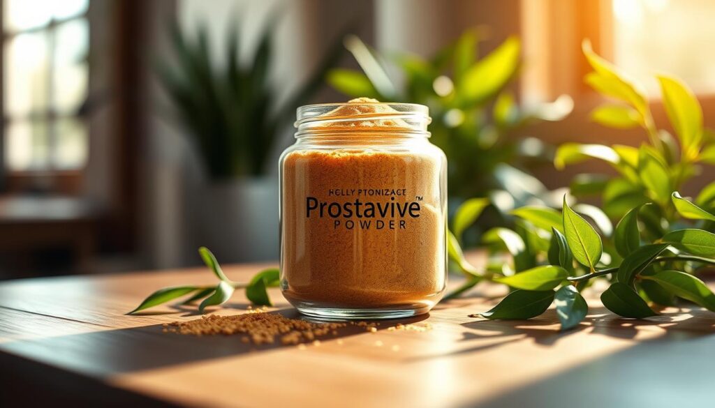 A high-resolution, beautifully lit, and detailed image showcasing a glass jar filled with a fine, golden-hued powder, emanating a soft, glowing energy. The jar rests on a sleek, modern wooden surface, surrounded by healthy green plants and natural lighting filtering in from the background. The powder appears to have a slight shimmer, hinting at its potent, energizing properties. The overall scene conveys a sense of wellness, vitality, and the natural goodness of the "Prostavive Powder" product.