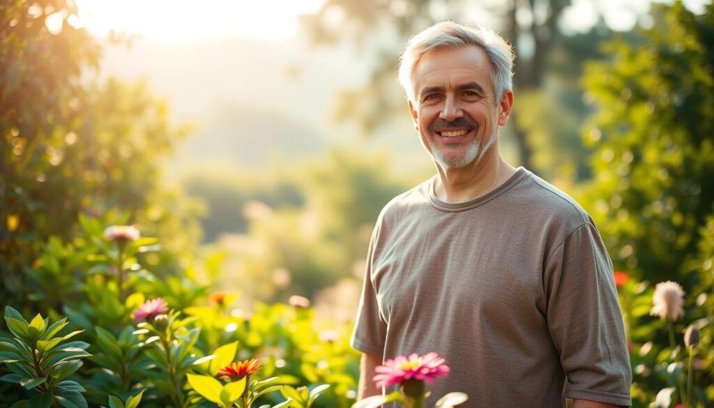 A middle-aged man standing in a serene, sunlit garden, with an expression of contentment and well-being. In the foreground, a vibrant, lush array of healthy-looking plants and flowers, symbolizing the rejuvenating effects of the Prostavive supplement. The man's posture is relaxed, and his complexion is glowing, suggesting an improved sense of overall wellness after three months of consistent use. The background features a peaceful, natural landscape, with soft, diffused lighting that creates a warm, inviting atmosphere. The image conveys a sense of renewed vitality and the positive impact of the Prostavive product on the subject's health and quality of life.