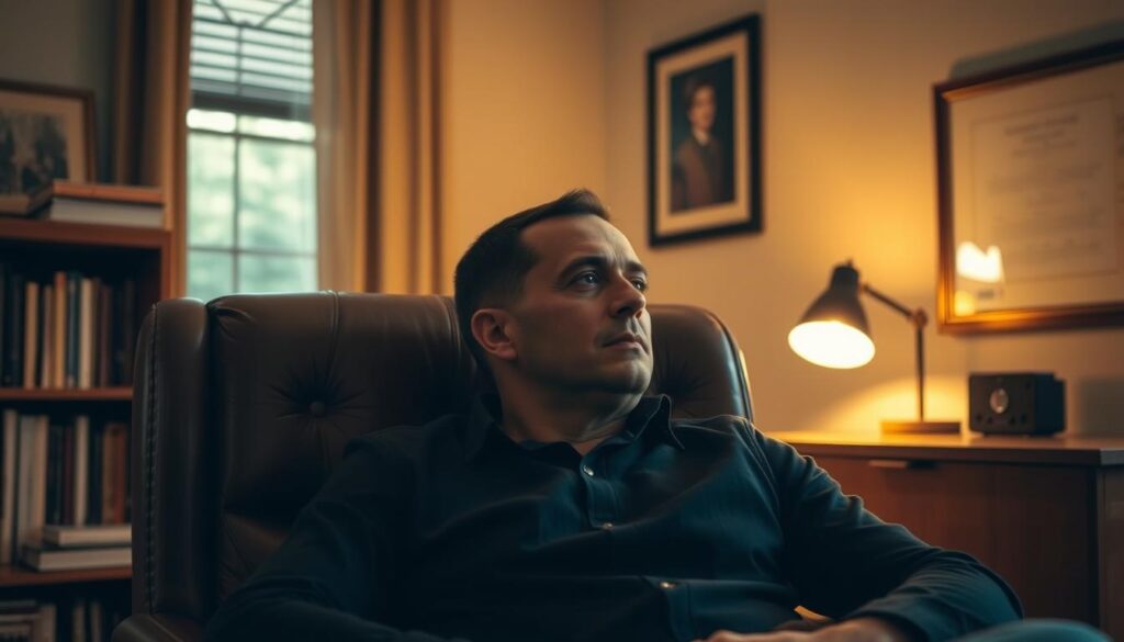 A serene and cozy home office setting, with a man sitting comfortably in a plush leather armchair, deep in thought as he reflects on his personal journey with Prostavive. Soft, warm lighting from a desk lamp and a window illuminates the scene, creating a contemplative atmosphere. The man's face is slightly obscured, allowing the viewer to focus on his pensive expression. In the background, a bookshelf and a framed diploma or certificate suggest a sense of professionalism and personal accomplishment. The overall composition conveys a feeling of introspection and self-discovery, capturing the essence of the "My Personal Journey and Reason for Trying Prostavive" section of the article.