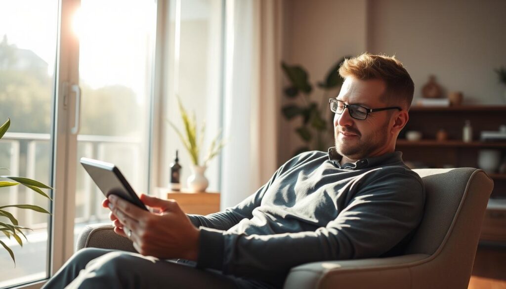 A sun-dappled scene of a modern living room, with a man seated in a comfortable armchair, deeply engrossed in a tablet device. Soft, natural lighting filters through large windows, casting a warm glow on his face as he reflects on his Prostavive experience. In the background, subtle hints of health and wellness paraphernalia suggest a balanced lifestyle. The composition conveys a sense of tranquility and personal contentment, reflecting the positive impact of the Prostavive supplement on the user's well-being.