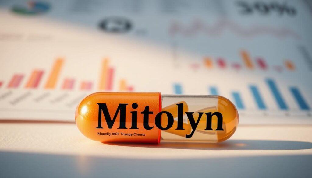 Detailed close-up of the Mitolyn brand name and medical pill capsule, set against a softly blurred background of medical research documents and clinical data charts. The capsule is illuminated by warm, natural lighting, casting subtle shadows and highlights to emphasize its shape and texture. The overall mood is one of clinical professionalism and scientific scrutiny, inviting the viewer to examine the safety profile and potential side effects of this product.