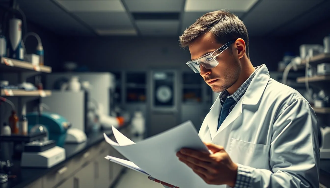 A clinical research laboratory setting, with various scientific equipment and instruments on the workbenches. In the foreground, a researcher in a white lab coat and safety goggles is carefully examining a stack of documents, a contemplative expression on their face. The background is dimly lit, with a sense of focused intensity and concentration. Soft, directional lighting illuminates the scene, casting subtle shadows and highlighting the details of the laboratory environment. The overall mood is one of thoughtful analysis and meticulous investigation into the potential side effects of the product, "Mitolyn".