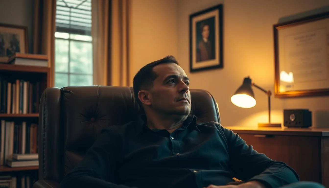 A serene and cozy home office setting, with a man sitting comfortably in a plush leather armchair, deep in thought as he reflects on his personal journey with Prostavive. Soft, warm lighting from a desk lamp and a window illuminates the scene, creating a contemplative atmosphere. The man's face is slightly obscured, allowing the viewer to focus on his pensive expression. In the background, a bookshelf and a framed diploma or certificate suggest a sense of professionalism and personal accomplishment. The overall composition conveys a feeling of introspection and self-discovery, capturing the essence of the "My Personal Journey and Reason for Trying Prostavive" section of the article. A serene and cozy home office setting, with a man sitting comfortably in a plush leather armchair, deep in thought as he reflects on his personal journey with Prostavive. Soft, warm lighting from a desk lamp and a window illuminates the scene, creating a contemplative atmosphere. The man's face is slightly obscured, allowing the viewer to focus on his pensive expression. In the background, a bookshelf and a framed diploma or certificate suggest a sense of professionalism and personal accomplishment. The overall composition conveys a feeling of introspection and self-discovery, capturing the essence of the "My Personal Journey and Reason for Trying Prostavive" section of the article.
